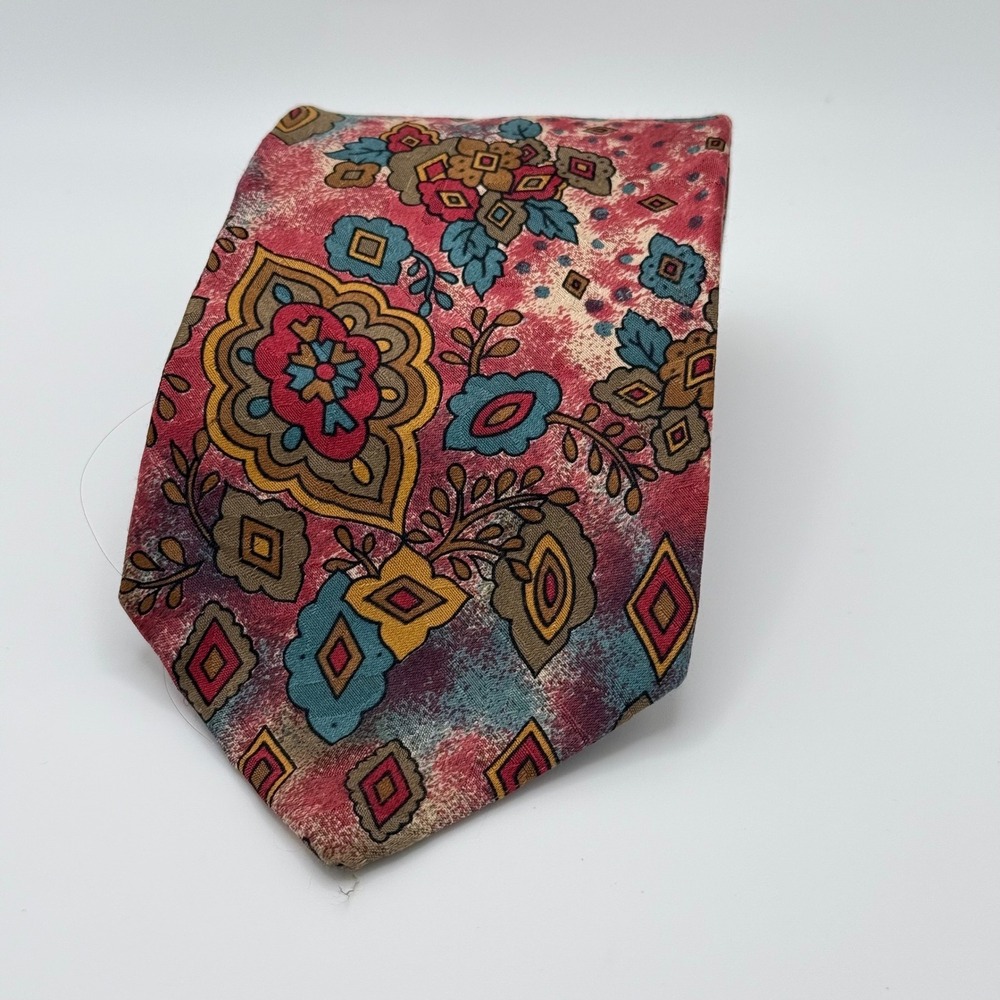 Sharper Image Y2K Psychedelic Pink Burgundy Floral‎ Silk Tie 59" Long 3.75" Wide